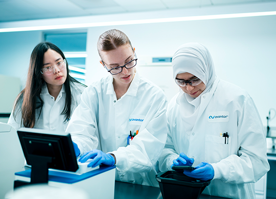 Process development scientists collaborate on optimizing downstream operations. Process development scientists collaborate on optimizing downstream operations.