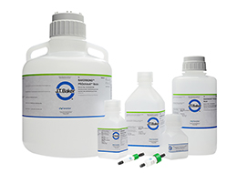 Several bottles of PROchievA™ recombinant protein A to demonstrate varying package size options for use in mAbs chromatography